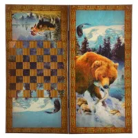 настольная игра Нарды + Шашки Медведь с рыбой, средние (Смоленские, дерево, 50х25х4 см.)
