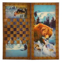 настольная игра Нарды + Шашки Смоленские Медведь с рыбой, большие (дерево, 60х60х2 см.)