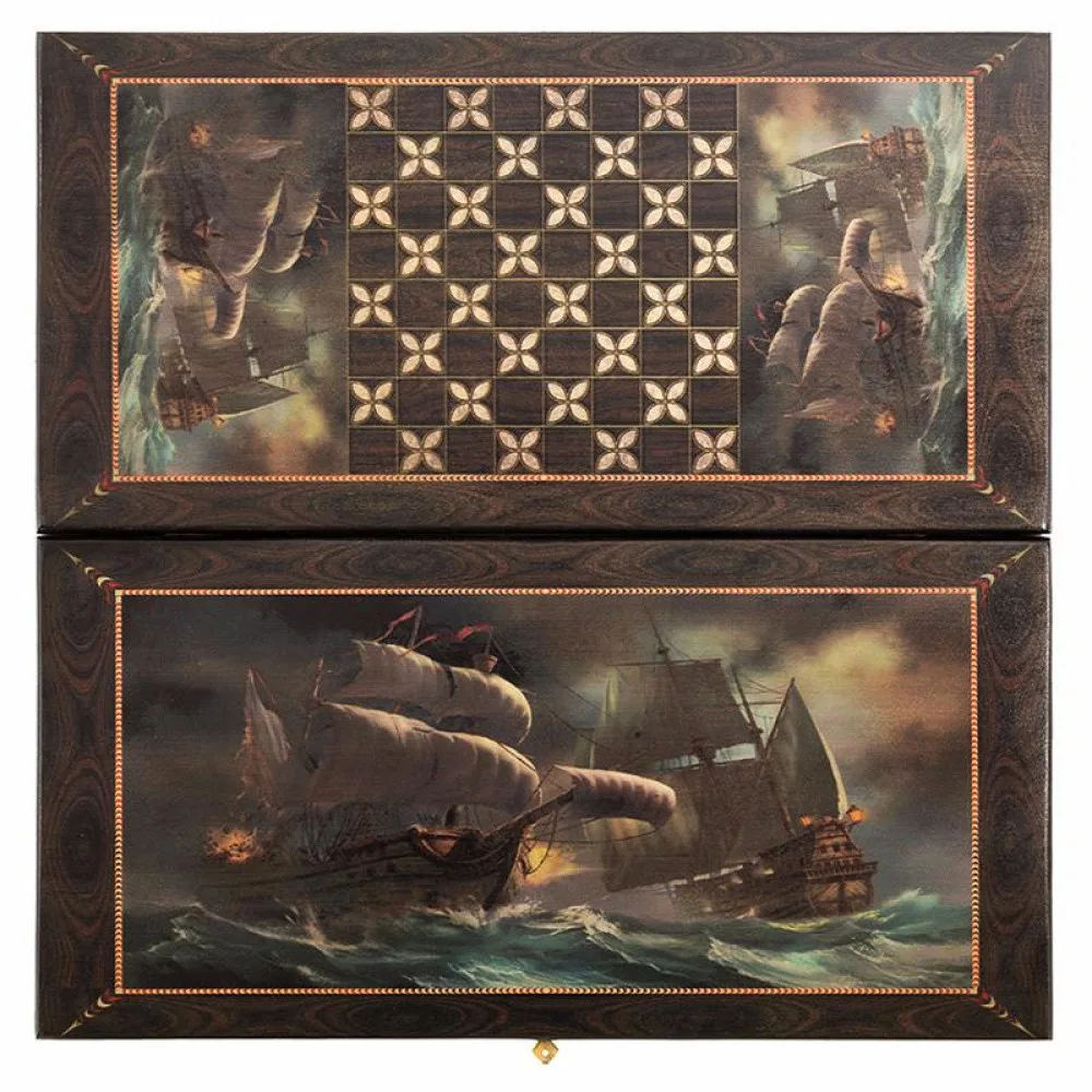 настольная игра Нарды + Шашки Смоленские Морская Баталия, средние (дерево, 50х50х2 см.)